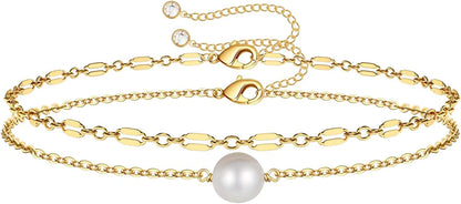 Dainty Gold Bracelets for Women, 14K Gold Filled Adjustable Layered Bracelet Cute Evil Eye Oval Chain Pearl Bar Turtle Gold Bracelets for Women Jewelry Apparel & Accessories > Jewelry > Bracelets Turandoss Pearl&Chain  