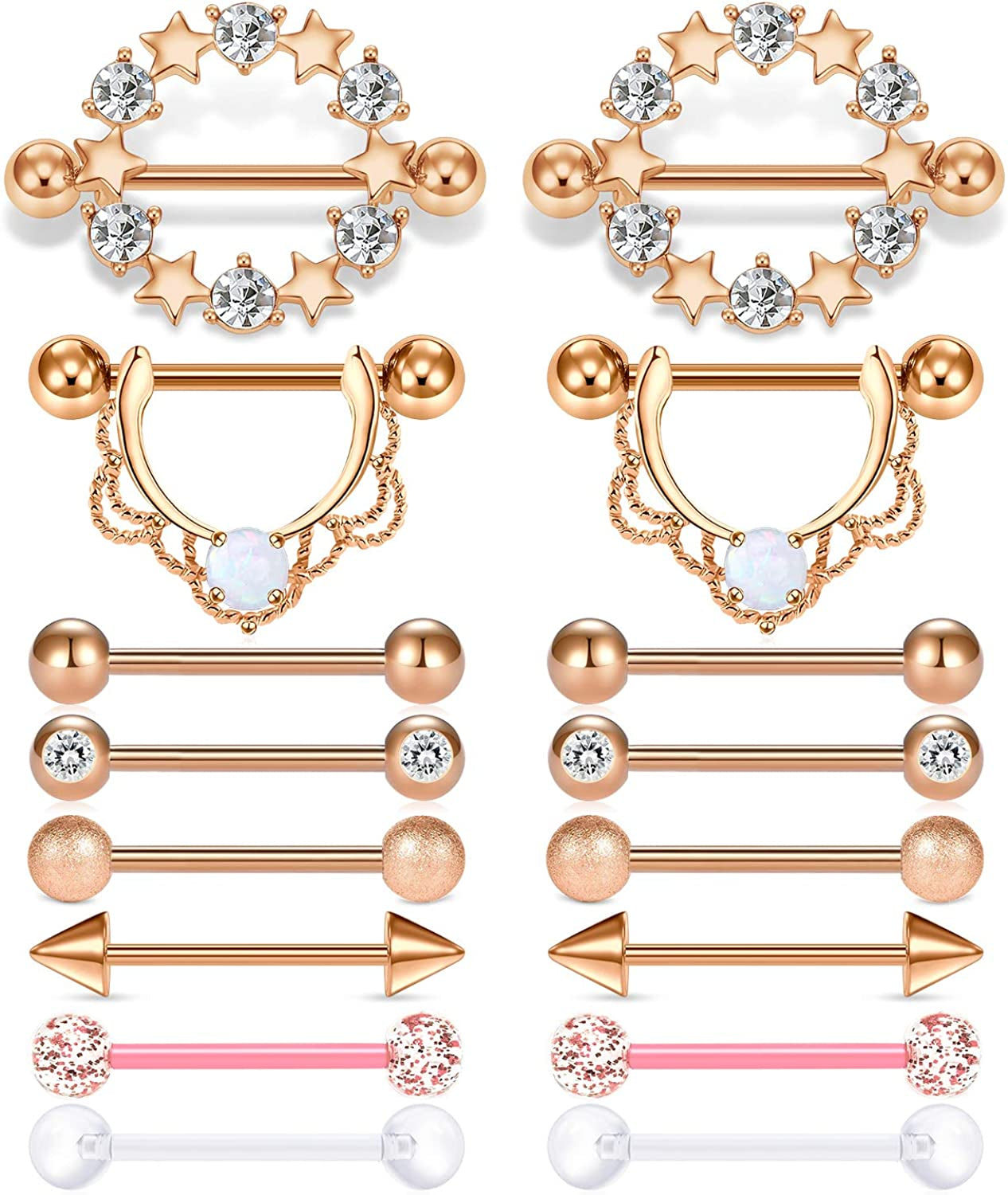 LAURITAMI Nipple Rings for Women Nipple Piercing Jewelry 14G Nipple Rings Surgical Steel Nipple Jewelry Straight Barbell Tongue Rings for Women CZ Nipplering Piercing Jewelry Set Apparel & Accessories > Jewelry > Body Jewelry LAURITAMI B -rose gold  