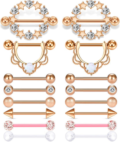 LAURITAMI Nipple Rings for Women Nipple Piercing Jewelry 14G Nipple Rings Surgical Steel Nipple Jewelry Straight Barbell Tongue Rings for Women CZ Nipplering Piercing Jewelry Set Apparel & Accessories > Jewelry > Body Jewelry LAURITAMI B -rose gold  