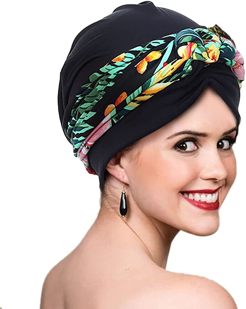Woeoe Women'S African Head Wrap Black Floral Head Turbans Pre-Tied Leopard Print Head Cover Cap Headwear for Women Girls(Pack of 3) Apparel & Accessories > Clothing Accessories > Headwear Woeoe   