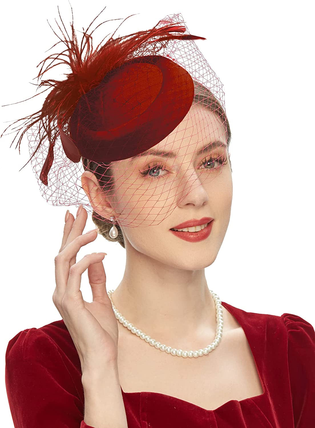 Fascinators Hats 20S 50S Hat Pillbox Hat Cocktail Tea Party Headwear with Veil for Girls and Women Apparel & Accessories > Clothing Accessories > Headwear Cizoe B-burgundy  