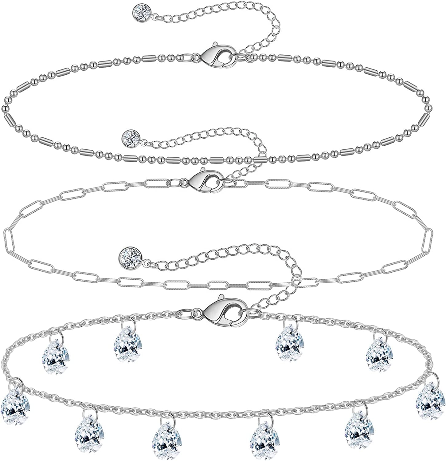 Gold Ankle Bracelets for Women 14K Gold Plated Anklet Silver Tennis Rose Quartz Cross Bead Herringbone Snake Paperclip Chain Cubic Zirconia Dainty Layered Anklet Set 3Pcs Apparel & Accessories > Jewelry > Anklets WeSparking H-White Gold-TD CZ  