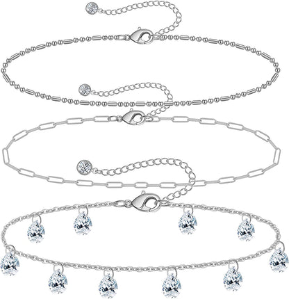 Gold Ankle Bracelets for Women 14K Gold Plated Anklet Silver Tennis Rose Quartz Cross Bead Herringbone Snake Paperclip Chain Cubic Zirconia Dainty Layered Anklet Set 3Pcs Apparel & Accessories > Jewelry > Anklets WeSparking H-White Gold-TD CZ  
