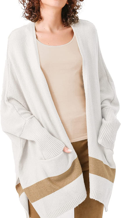 Moss Rose Women'S Open Front Cardigans Striped Batwing Sleeves Oversized Knit Pockets Sweater Coat Apparel & Accessories > Clothing Accessories > Scarves & Shawls KYLIE MAX B White Large 
