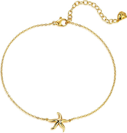 Valloey Rover Women Handmade Dainty Anklet Silver 14K Gold Plated Bead Boho Beach Rhinestone Foot Chain Adjustable Ankle Bracelet for Women Apparel & Accessories > Jewelry > Anklets Valloey Rover Starfish  