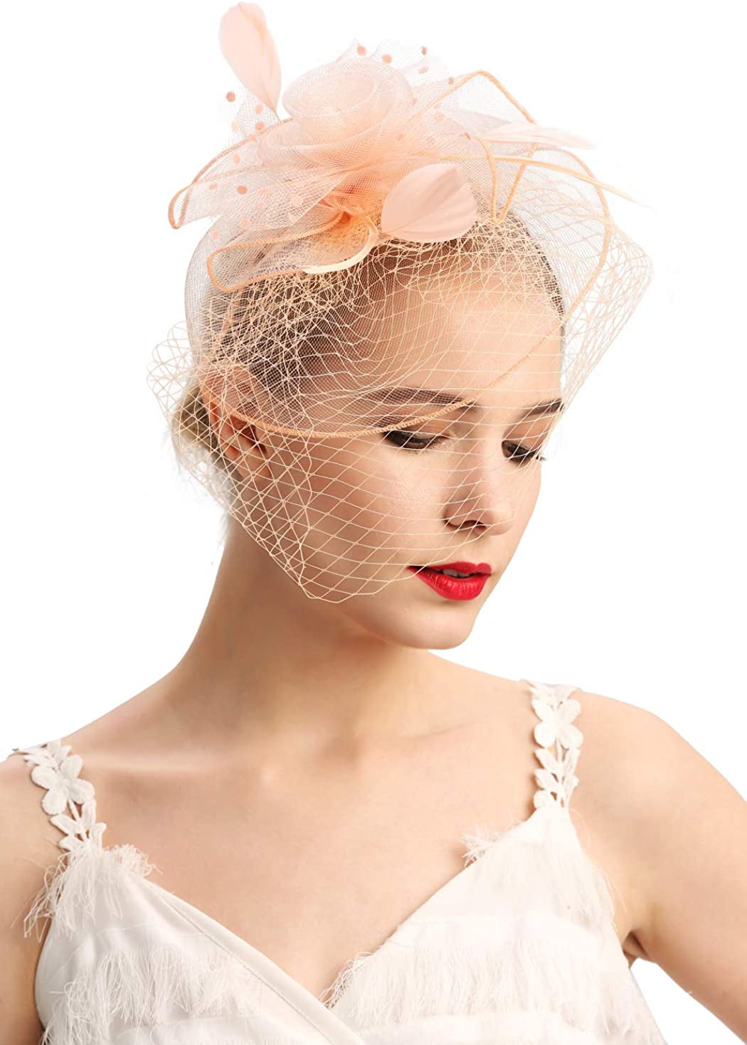 Fascinators Hats 20S 50S Hat Pillbox Hat Cocktail Tea Party Headwear with Veil for Girls and Women Apparel & Accessories > Clothing Accessories > Headwear Cizoe D-champagne  