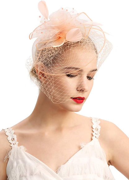Fascinators Hats 20S 50S Hat Pillbox Hat Cocktail Tea Party Headwear with Veil for Girls and Women Apparel & Accessories > Clothing Accessories > Headwear Cizoe D-champagne  
