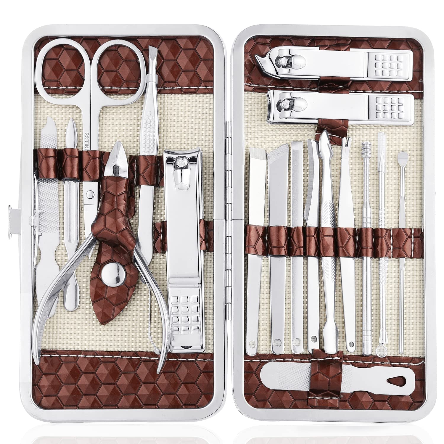 Manicure Set Nail Clippers Pedicure Kit -18 Pieces Stainless Steel Manicure Kit, Professional Grooming Kits, Nail Care Tools with Luxurious Travel Case Health & Beauty > Personal Care > Foot Care Yougai Brown  
