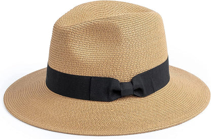 DRESHOW Women Straw Panama Hat Fedora Beach Sun Hat Wide Brim Straw Roll up Hat UPF 50+ Apparel & Accessories > Clothing Accessories > Hats DRESHOW 1 Pack:ac Khaki/Black Bow  