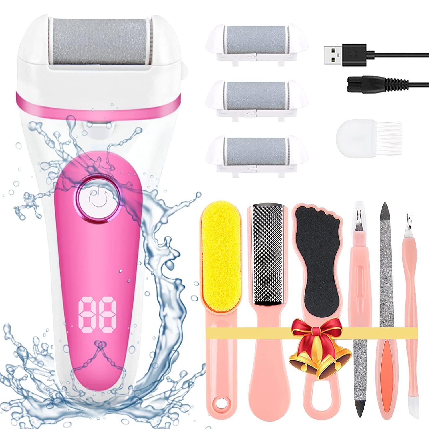Electric Callus Remover for Feet, Rechargeable Foot File Pedicure Tools,12 in 1 Pedicure Kit for Cracked Heels Calluses Dead Skin,Pedi Foot Scrubber with 3 Roller Heads,2 Speed,Battery Display Health & Beauty > Personal Care > Foot Care SIHOHAN Pink  