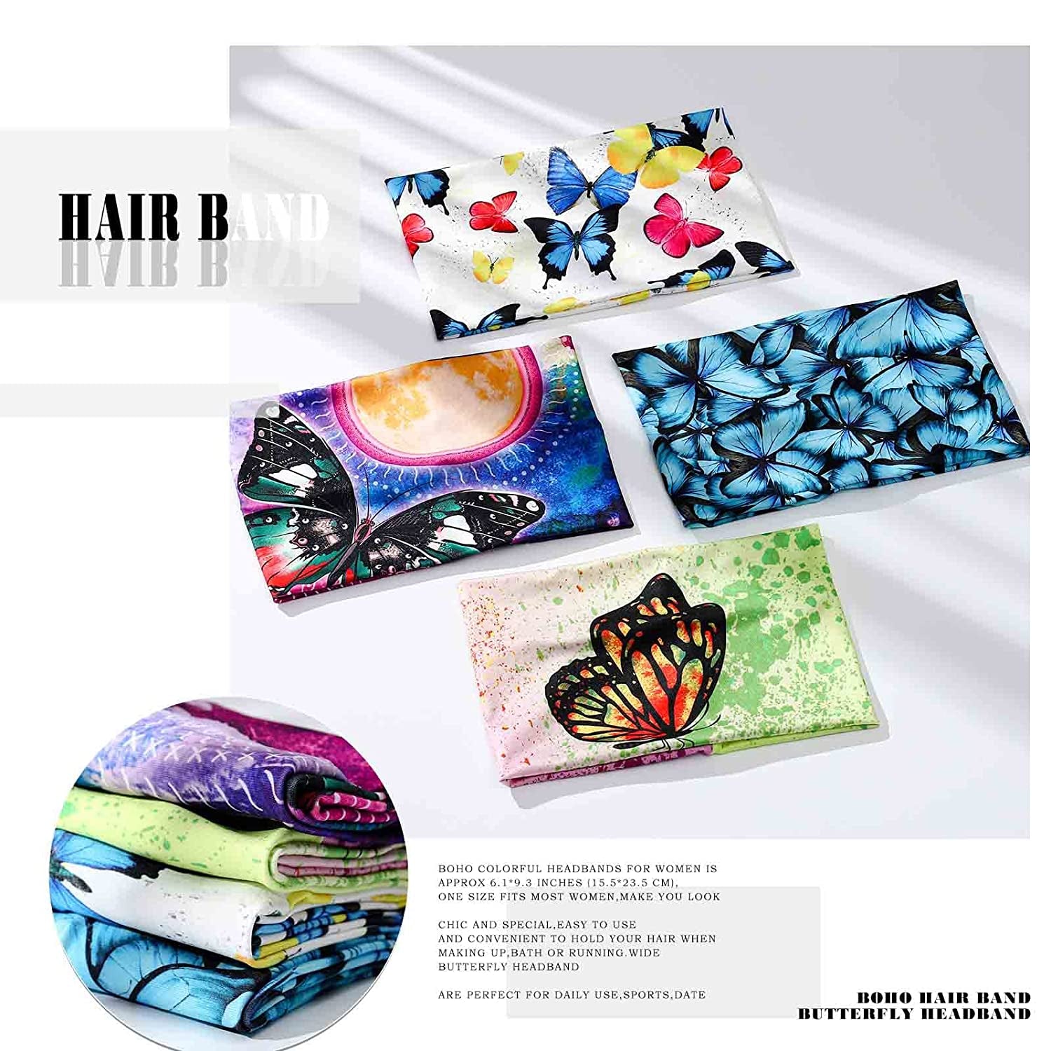 Olbye Wide Boho Headband Headwrap Butterfly Stretch Hair Bands Bandana Yoga Running Athletic Turban Head Bands Head Scarfs Hair Accessories for Women and Girls 4Pcs Apparel & Accessories > Clothing Accessories > Bandanas & Headties Olbye   