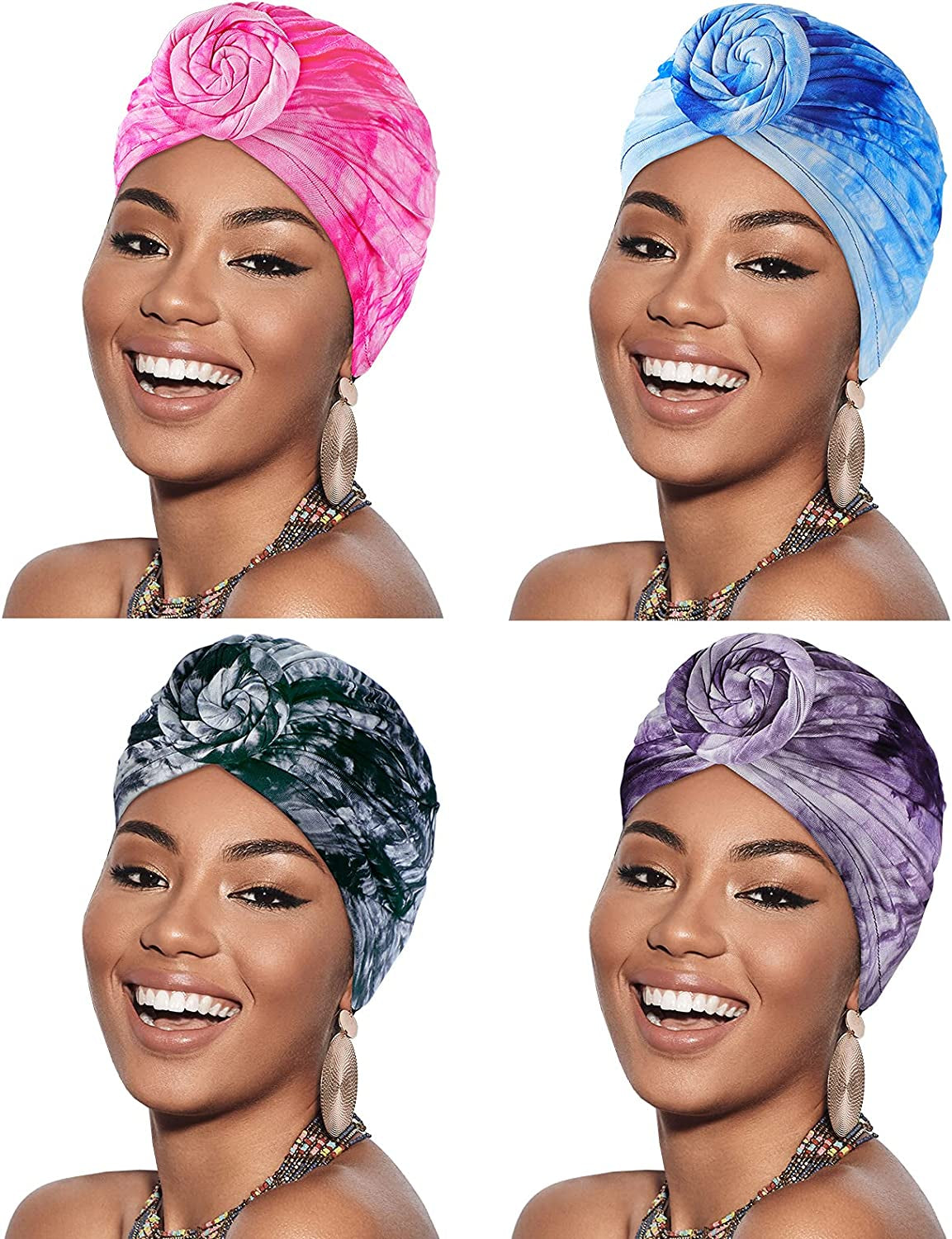 Geyoga 4 Pieces Women Turbans Knot Headwrap Tie-Dye Turban Pre-Tied Headwrap African Headwear Stretchy Turban Beanie Caps for Women Apparel & Accessories > Clothing Accessories > Headwear Geyoga   