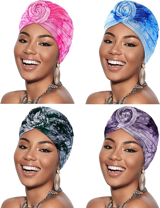 Geyoga 4 Pieces Women Turbans Knot Headwrap Tie-Dye Turban Pre-Tied Headwrap African Headwear Stretchy Turban Beanie Caps for Women Apparel & Accessories > Clothing Accessories > Headwear Geyoga   