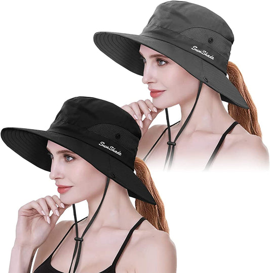 IYEBRAO 2 Pack Womens Ponytail Sun Hat UV Protection Bucket Hats Foldable Wide Brim Summer Boonie Beach Cap Fishing Hiking Apparel & Accessories > Clothing Accessories > Hats 29 IYEBRAO Black & Grey  