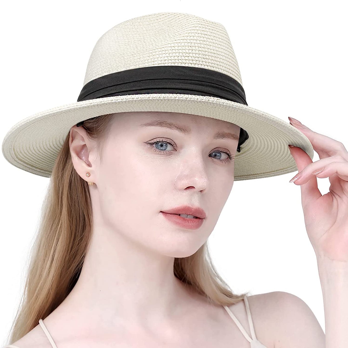 DRESHOW Women Straw Panama Hat Fedora Beach Sun Hat Wide Brim Straw Roll up Hat UPF 50+ Apparel & Accessories > Clothing Accessories > Hats DRESHOW Panama Straw Hat: : Ivory White  