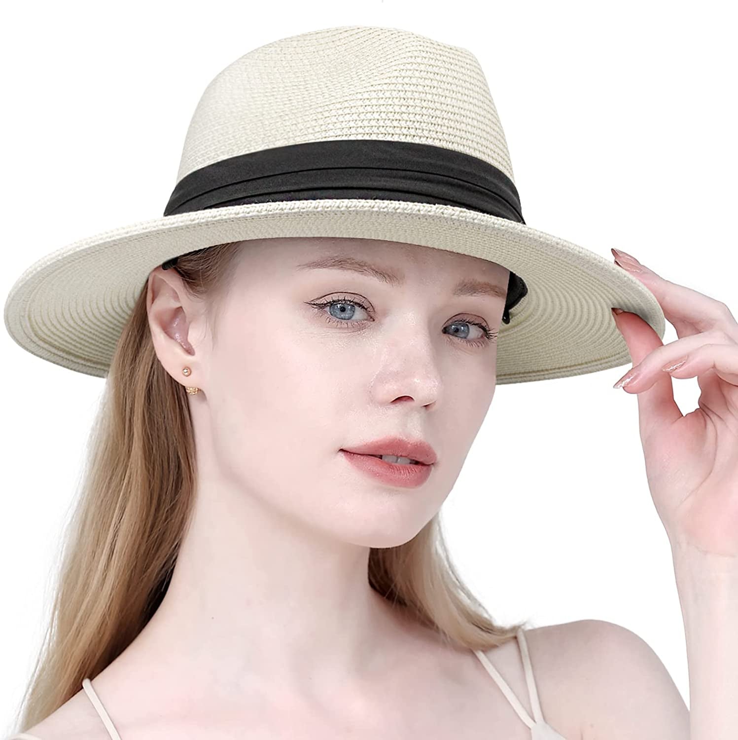 DRESHOW Women Straw Panama Hat Fedora Beach Sun Hat Wide Brim Straw Roll up Hat UPF 50+ Apparel & Accessories > Clothing Accessories > Hats DRESHOW Panama Straw Hat: : Ivory White  