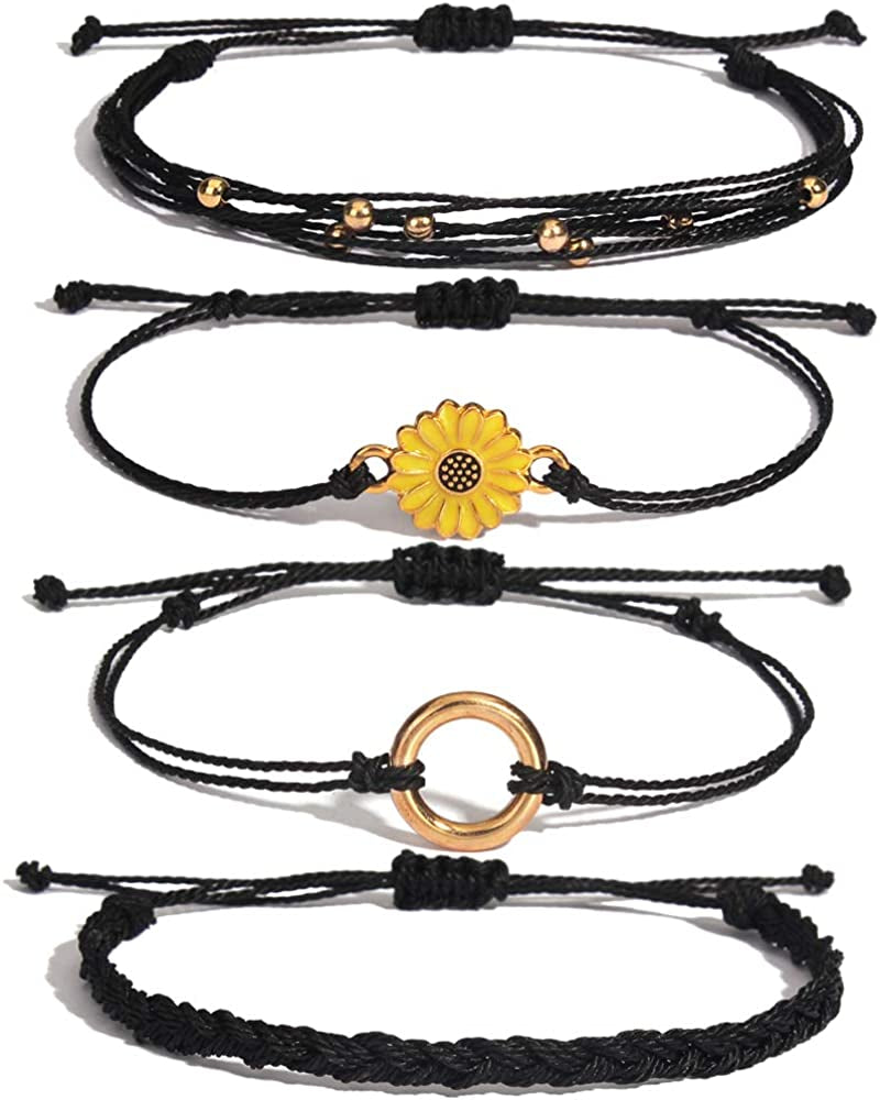 Sunflower String Bracelet Handmade Braided Rope Charms Boho Surfer Bracelet for Teen Girls Preteens Women Apparel & Accessories > Jewelry > Bracelets FANCY SHINY Black  