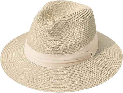 Lanzom Women Wide Brim Straw Panama Roll up Hat Belt Buckle Fedora Beach Sun Hat UPF50+ Apparel & Accessories > Clothing Accessories > Hats Lanzom Z-beige Ribbon Khaki One Size 