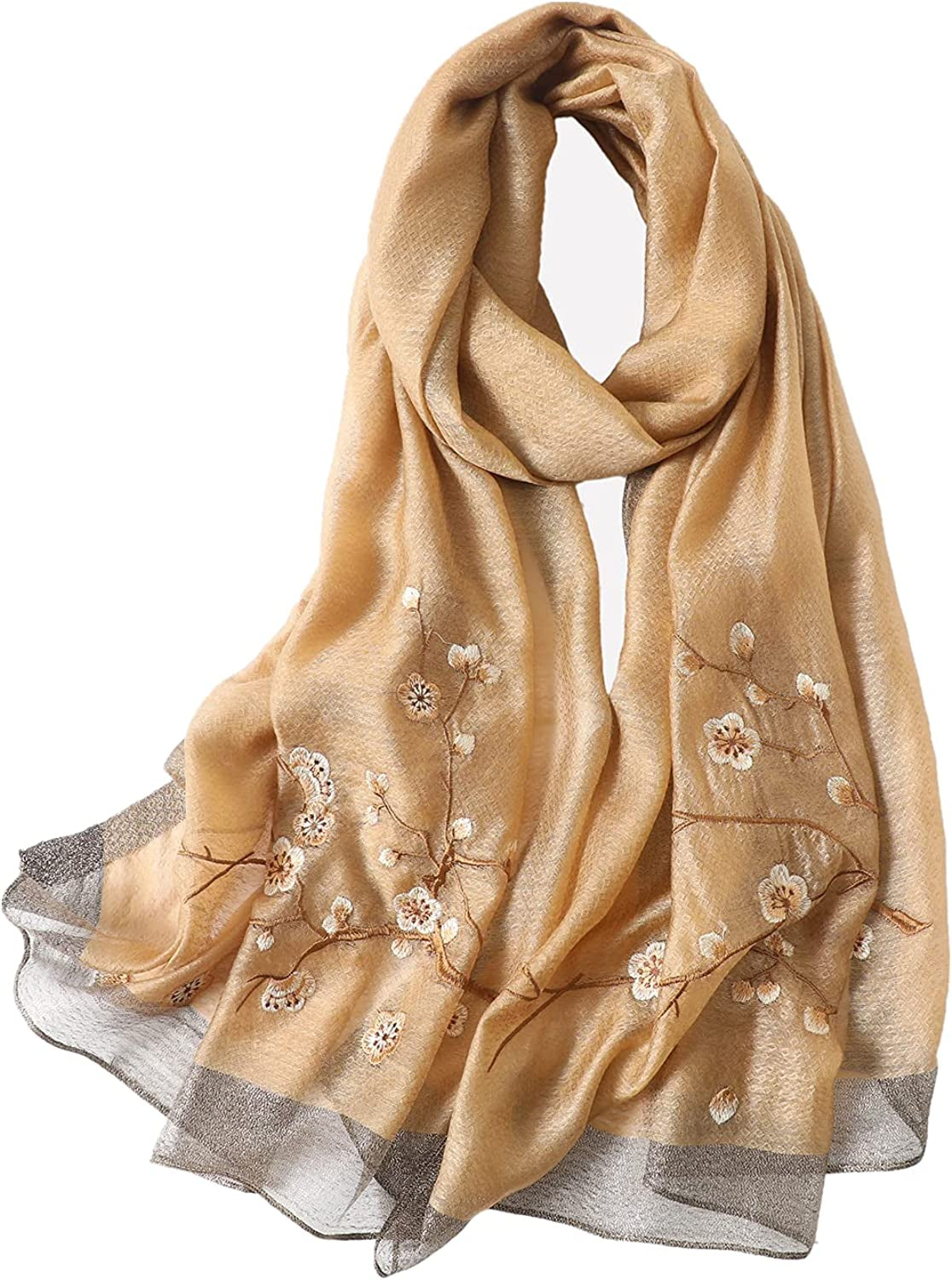 WINCESS YU Women Mulberry Silk Scarf Long & Large Embroidered Floral Pattern Shawl and Wraps Neckerchief for Hair & Neck Apparel & Accessories > Clothing Accessories > Scarves & Shawls WINCESS.YU Camel  