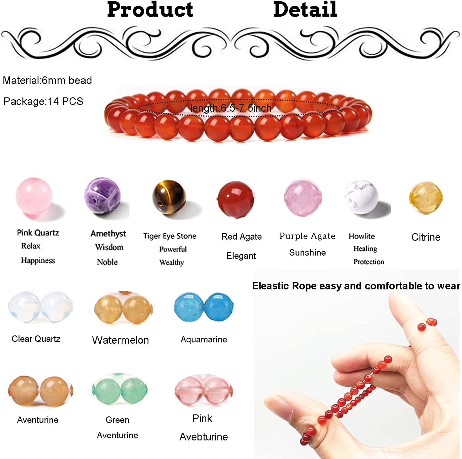 SONNYX 14Pcs 6Mm Semi Precious Gemstone Beaded Bracelets for Women Men Tiny Crushed Stone Crystal Bracelet Stretch Bead Bracelet Unisex Jewelry Apparel & Accessories > Jewelry > Bracelets SONNYX   