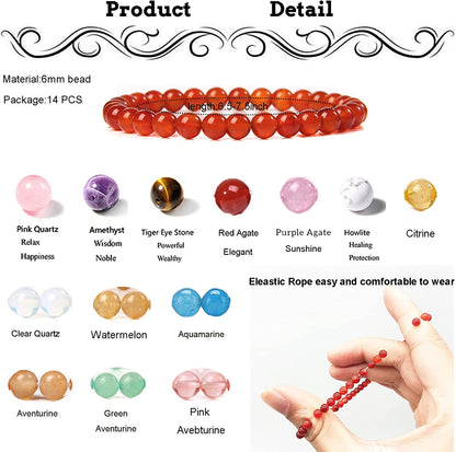 SONNYX 14Pcs 6Mm Semi Precious Gemstone Beaded Bracelets for Women Men Tiny Crushed Stone Crystal Bracelet Stretch Bead Bracelet Unisex Jewelry Apparel & Accessories > Jewelry > Bracelets SONNYX   