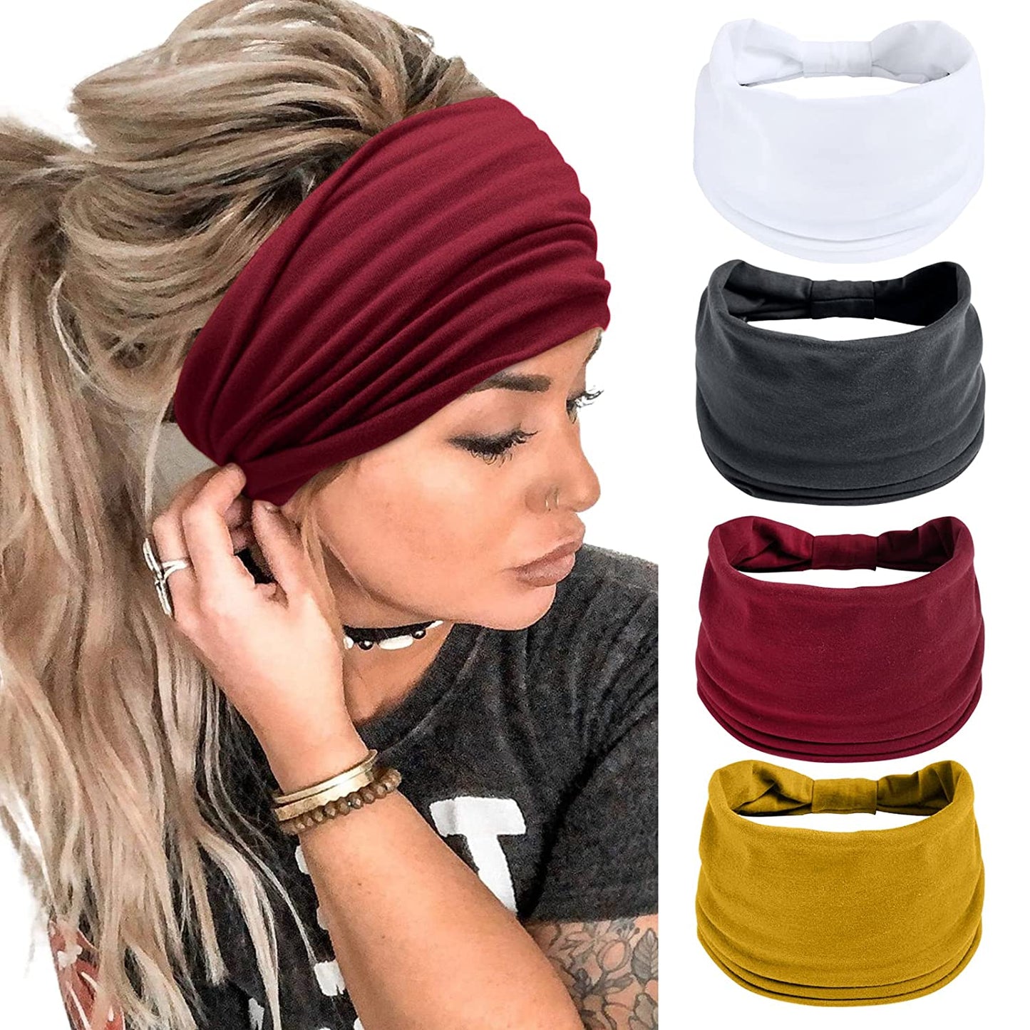 Wide Headbands for Women Black Stylish Head Wraps Boho Thick Hairbands Large African Sport Yoga Turban Headband Hair Accessories (Pack of 4) Apparel & Accessories > Clothing Accessories > Bandanas & Headties Huachi Headbands 2  