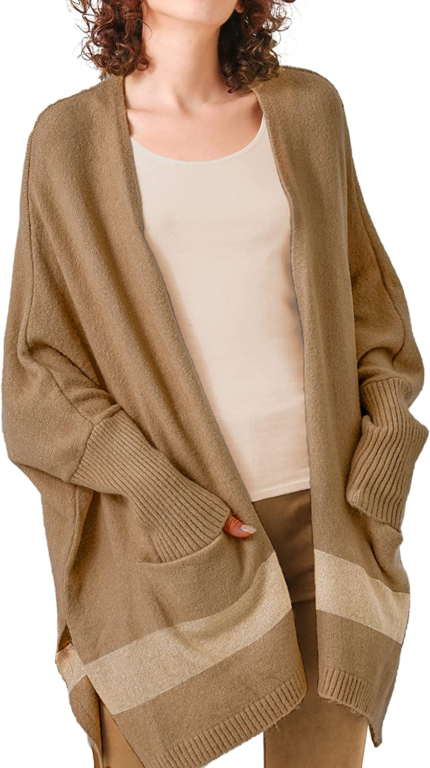 Moss Rose Women'S Open Front Cardigans Striped Batwing Sleeves Oversized Knit Pockets Sweater Coat Apparel & Accessories > Clothing Accessories > Scarves & Shawls KYLIE MAX F Dark Camel1 Large 