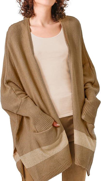 Moss Rose Women'S Open Front Cardigans Striped Batwing Sleeves Oversized Knit Pockets Sweater Coat Apparel & Accessories > Clothing Accessories > Scarves & Shawls KYLIE MAX F Dark Camel1 Large 