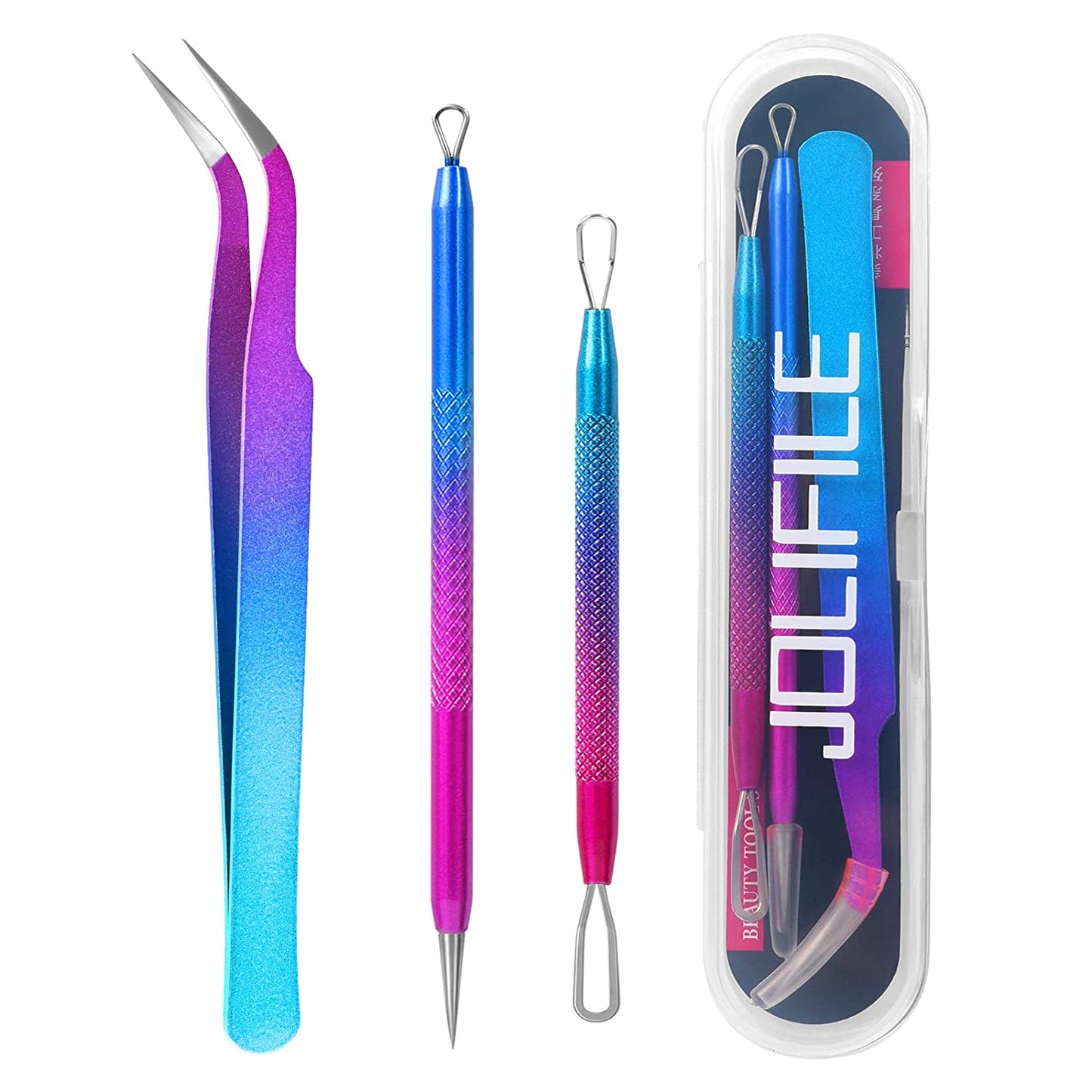 Blackhead Remover Tool,Jolifile 7Pcs Pimple Popper Tool Kit, Acne Extractor Tools with Tweezers,Removal Whitehead Comedone Tool Set for Facial Nose Care-Black Health & Beauty > Personal Care > Cosmetics > Cosmetic Tools > Skin Care Tools JOLIFILE 3pcs-purple&blue  