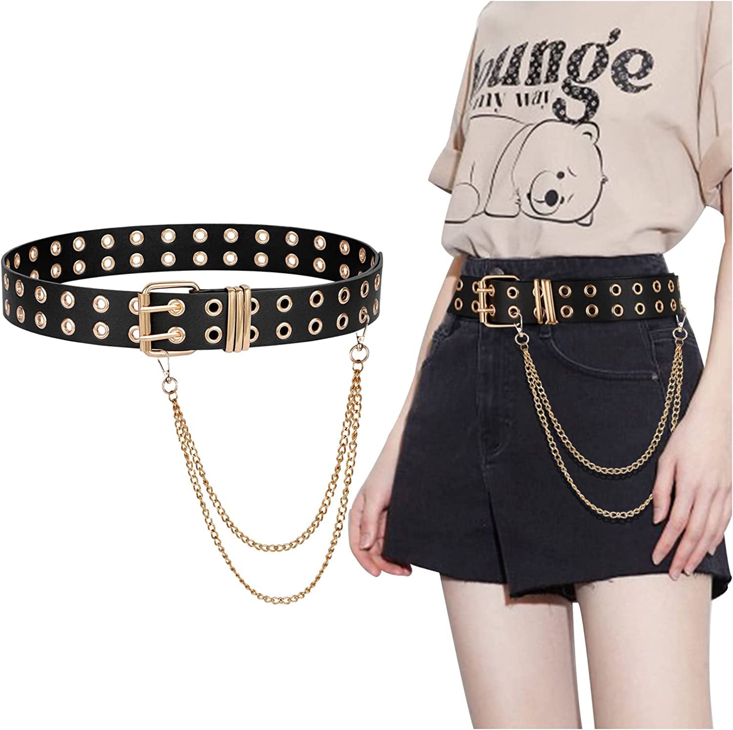 FIORETTO Grommet Leather Belt with Detachable Chain Women Men Punk Rock Waist Belts for Jeans Pants Apparel & Accessories > Clothing Accessories > Belts FIORETTO Double Grommet (With Gold Chain) One Size 
