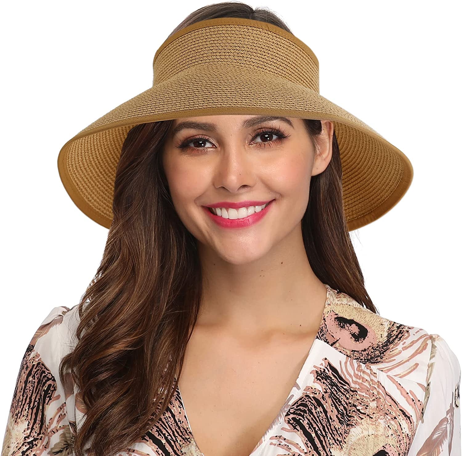 Lanzom Women Packable Hat Sun Visor Hats Wide Brim Straw Roll up Ponytail Summer Beach Hat UPF 50 Apparel & Accessories > Clothing Accessories > Hats Lanzom Khaki One Size 