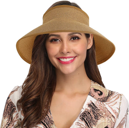 Lanzom Women Packable Hat Sun Visor Hats Wide Brim Straw Roll up Ponytail Summer Beach Hat UPF 50 Apparel & Accessories > Clothing Accessories > Hats Lanzom Khaki One Size 