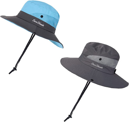 ROYAL MATRIX Womens Ponytail Sun Hats Outdoor Bucket Hat UV Protection Fishing Hats Wide Brim Windproof Foldable Beach Hat Apparel & Accessories > Clothing Accessories > Hats ROYAL MATRIX Blue/Pure Grey  