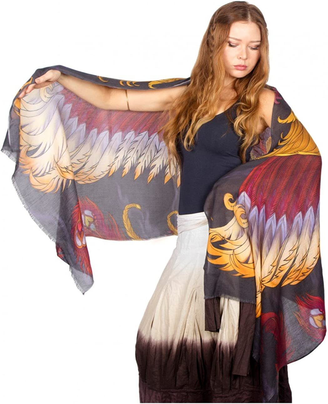 Bird Feathers Hand Painted & Printed Pure Cotton Shawl Scarf Apparel & Accessories > Clothing Accessories > Scarves & Shawls Shovava Phoenix Fantasy  