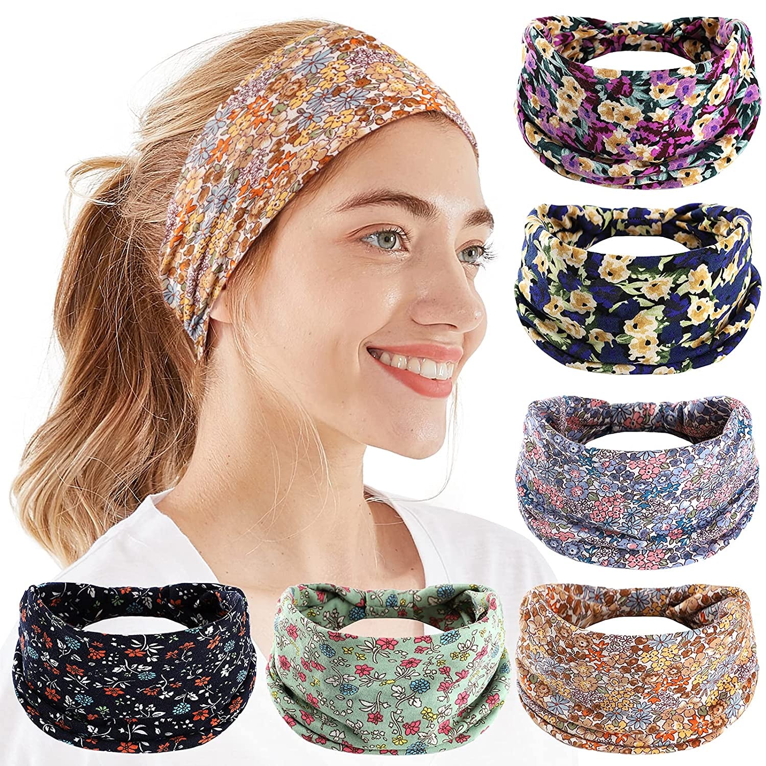 Headbands for Women, 6 PCS Yoga Running Sports Headbands Tie Dye Boho Pattern Elastic Non Slip Sweat Workout Hair Fashion Bands for Girls Apparel & Accessories > Clothing Accessories > Bandanas & Headties OFFTESTY Headbands Color-4  