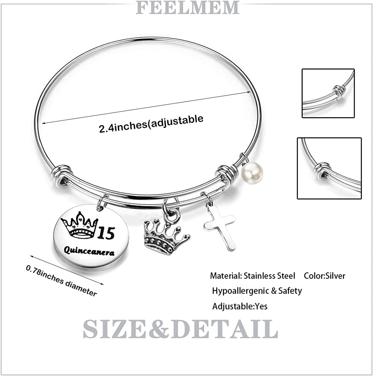 FEELMEM Quinceanera Gift 15Th Birthday Bracelet Girls Sweet 15Th Quinceanera Expandable Wire Bangle Quince Jewelry Happy 15Th Birthday Gift for Girls (Silver) Apparel & Accessories > Jewelry > Bracelets FEELMEM   