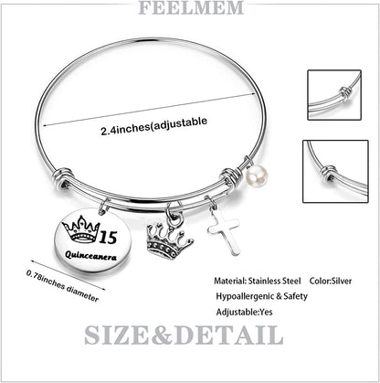 FEELMEM Quinceanera Gift 15Th Birthday Bracelet Girls Sweet 15Th Quinceanera Expandable Wire Bangle Quince Jewelry Happy 15Th Birthday Gift for Girls (Silver) Apparel & Accessories > Jewelry > Bracelets FEELMEM   