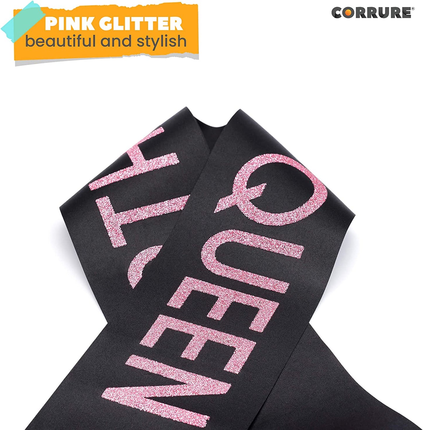 CORRURE 'Birthday Queen' Sash with Pink Glitter - Soft Satin Black Sash for Women - Happy Birthday Sash for Girls, Sweet 16, 18Th 21St 25Th 30Th 40Th 50Th or Any Other Bday Party Apparel & Accessories > Clothing Accessories > Sashes CORRURE   