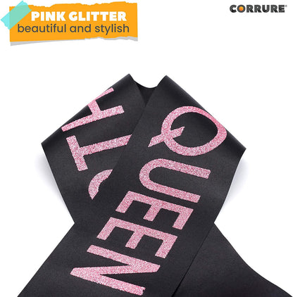 CORRURE 'Birthday Queen' Sash with Pink Glitter - Soft Satin Black Sash for Women - Happy Birthday Sash for Girls, Sweet 16, 18Th 21St 25Th 30Th 40Th 50Th or Any Other Bday Party Apparel & Accessories > Clothing Accessories > Sashes CORRURE   