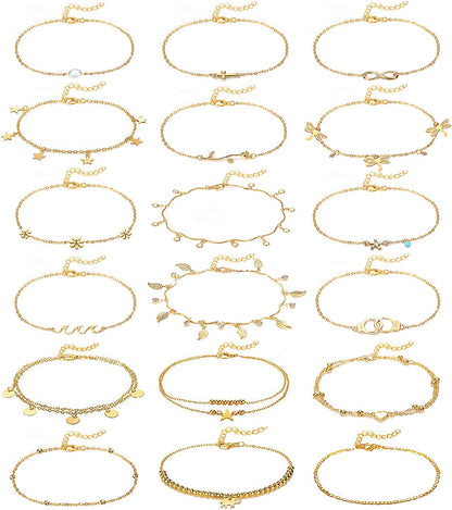 Honsny 18PCS Ankle Bracelets for Women Gold Silver Layered Chain Anklet Set Adjustable Size Beach Anklet Bracelet Jewelry for Women Teen Girls Apparel & Accessories > Jewelry > Anklets Honsny   