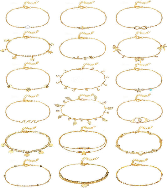 Honsny 18PCS Ankle Bracelets for Women Gold Silver Layered Chain Anklet Set Adjustable Size Beach Anklet Bracelet Jewelry for Women Teen Girls Apparel & Accessories > Jewelry > Anklets Honsny   