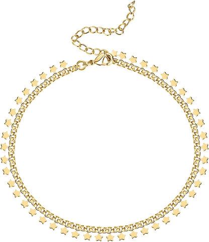 PAVOI 14K Gold Plated Charm Link Flat Gold Anklets for Women Apparel & Accessories > Jewelry > Anklets PAVOI Star yellow plated 