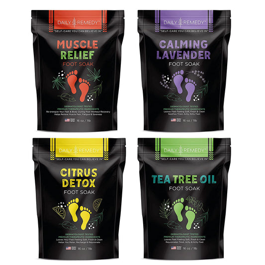 DAILY REMEDY Foot Soak Salts- Variety Pack of 4- Tea Tree Oil, Muscle Relief, Calming Lavender & Citrus Soak- for Foot Pain, Soreness, Athlete’S Foot, Odors, Calluses-Made in USA Health & Beauty > Personal Care > Foot Care DAILY REMEDY   