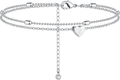 Moodear Silver Ankle Bracelets for Women, Sterling Silver Initial Anklet Layered Dainty Tiny Heart Charm Handmade Carved Alphabet A-Z Letter Ankle Bracelet Beaded Foot Chain Personalized Name Anklets Summer Cute Boho Beach Gift for Her Apparel & Accessories > Jewelry > Anklets Moodear Sterling Silver-Z  