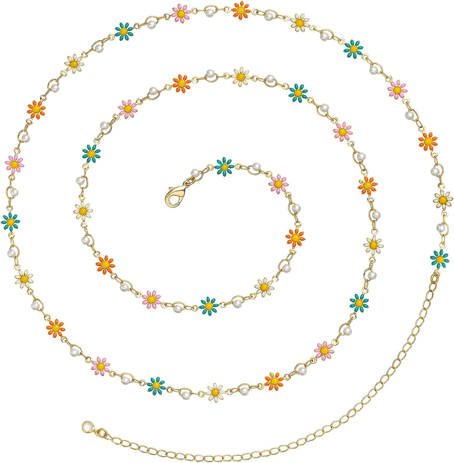 Kissyan Bikini Body Chains for Women, 14K Gold Adjustable Sexy Waist Chain Summer Beach Colorful Cuban Link Pearl Evil Eyes Belly Chain Handmade Jewelry Apparel & Accessories > Jewelry > Body Jewelry KissYan Gold-colorful daisy  