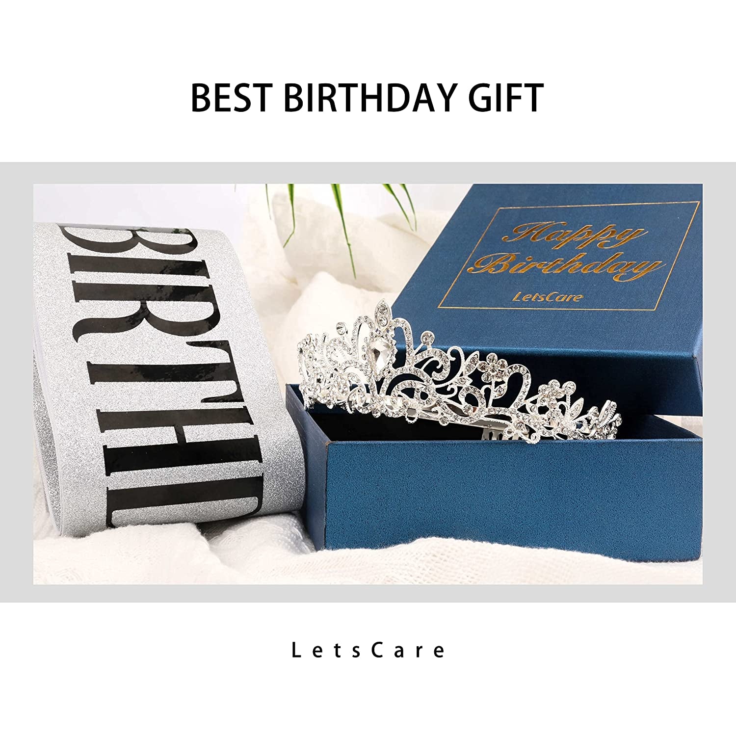 Birthday Girl Sash and Tiara for Women - LETSCARE Birthday Sash & Rhinestone Crown with Comb, Gift Kit for Birthday Decorations & Party Favors(Sliver) Apparel & Accessories > Clothing Accessories > Sashes LetsCare   