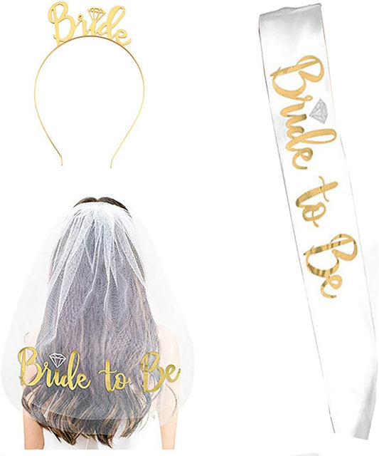 Bride to Be Set, 3Pack Bride to Be Sash & Headband Tiara & Shoulder Length Veil Bachelorette Party Supplies Bridal Shower Decoration Accessories(Gold) Apparel & Accessories > Clothing Accessories > Sashes Delphinus   