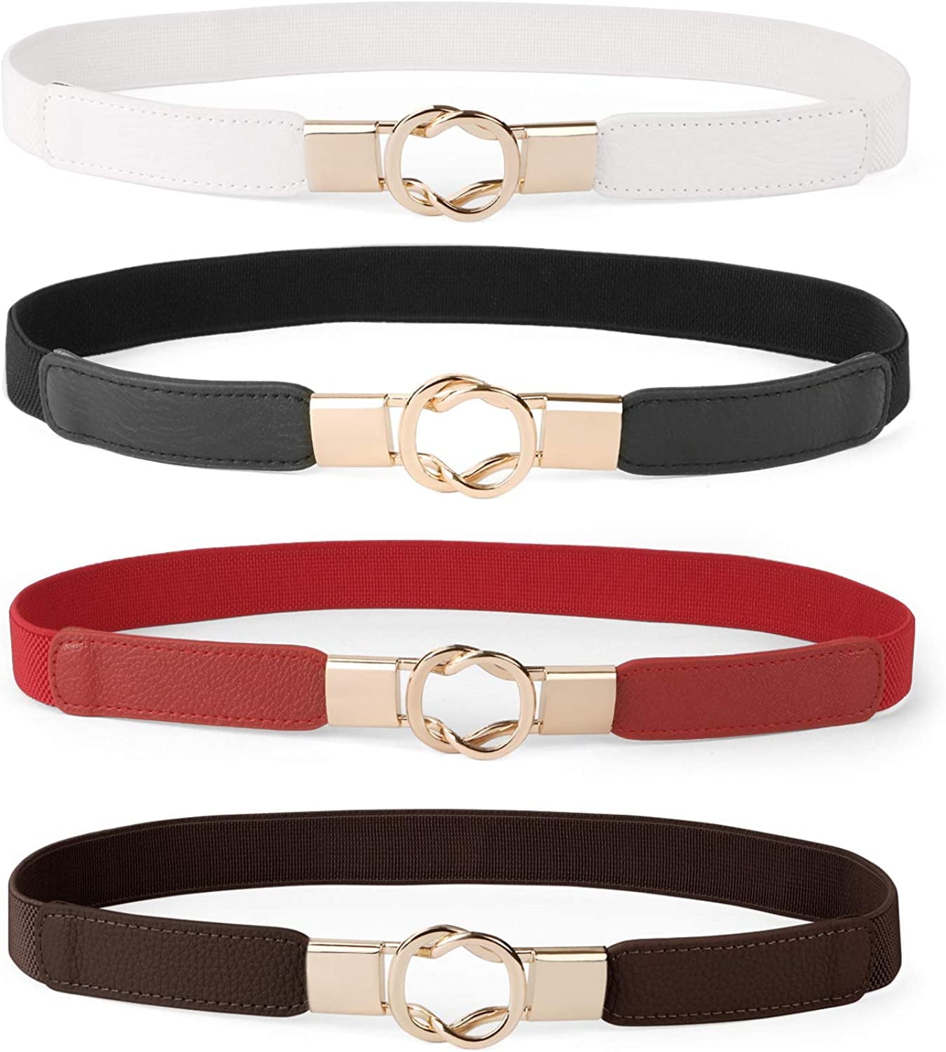 Women Skinny Belt for Dresses Retro Stretch Ladies Waist Belt plus Size Set of 4 Apparel & Accessories > Clothing Accessories > Belts WERFORU F-black+red+white+coffee Fits Waist 30"-42" 
