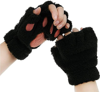 Cat Claw Bear Paw Fingerless Winter Plush Gloves 1Pair for Women Girls Fleece Plush Gloves Mittens Half Finger Gloves Cosplay Apparel & Accessories > Clothing Accessories > Gloves & Mittens JPLZi Black One Size 