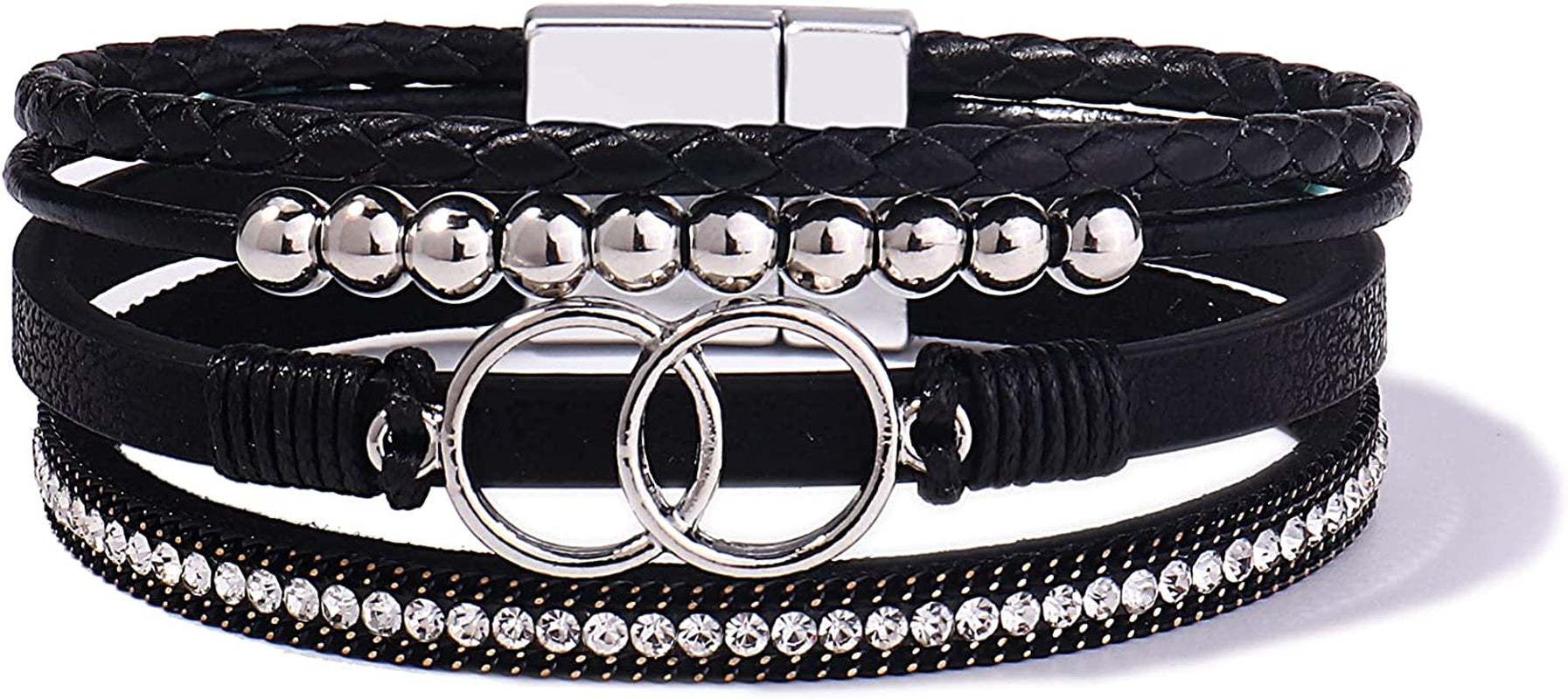FANCY SHINY Boho Wrap Bracelets Leather Cuff Bangle Gold Beaded Bracelets for Women Stackable Infinity Bracelets Jewelry with Clasp Apparel & Accessories > Jewelry > Bracelets FANCY SHINY Black  
